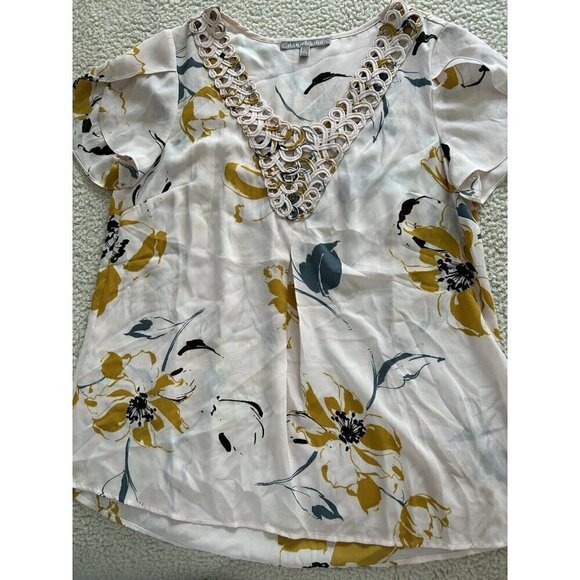 Daniel Rainn Light Pink Floral Print Short Flutter Sleeve V-Neck Blouse Top Sz S - Picture 3 of 7